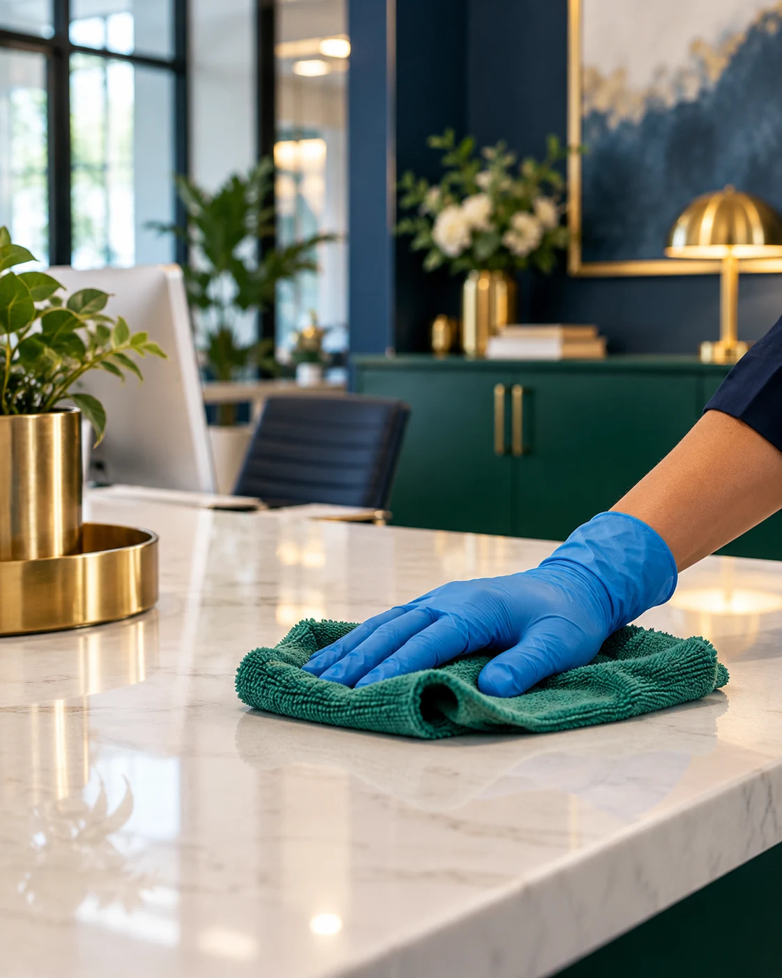 Blue-gloved hand cleaning an office counter with a green microfiber cloth